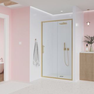 Душевая дверь Veconi Evo 100 G, 1500x1950, золото брашинг, стекло прозрачное